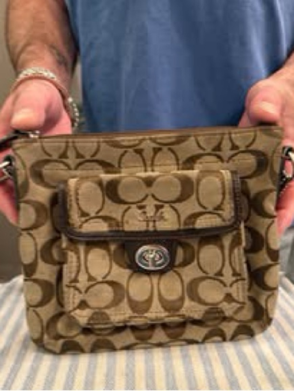 Coach Khaki Signature Canvas Crossbody with Front Turn-Lock Pocket